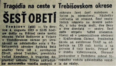 Obr. 16 Krátka správa z autobusovej nehody zo dňa 4.8.1983 vo Východoslovenských novinách