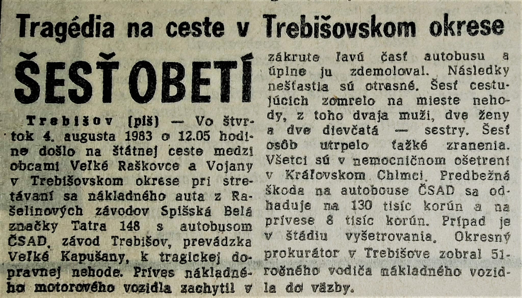 Obr. 16 Krátka správa z autobusovej nehody zo dňa 4.8.1983 vo Východoslovenských novinách